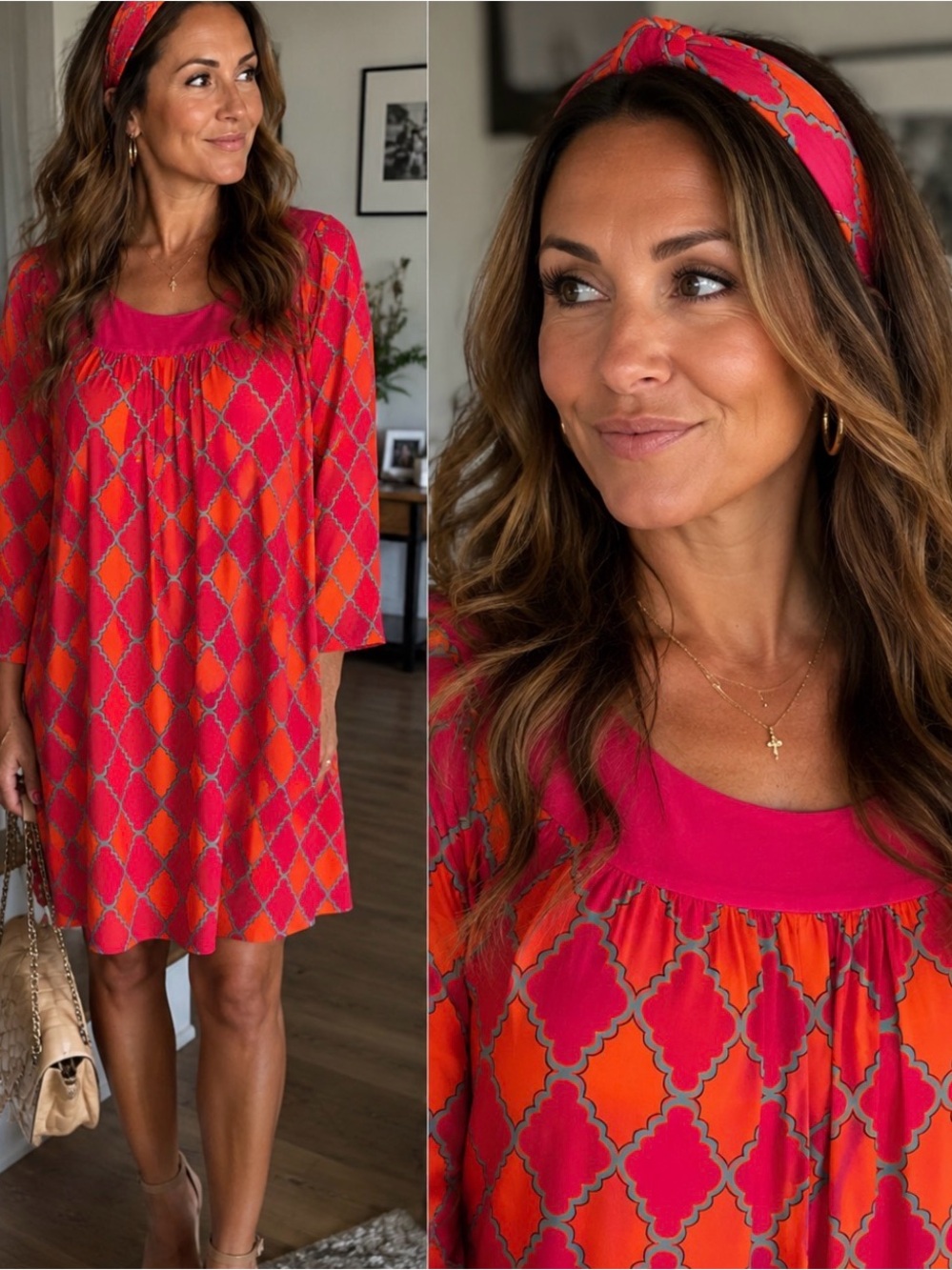 Bright Pink and Orange Long Sleeve Patterned Dress